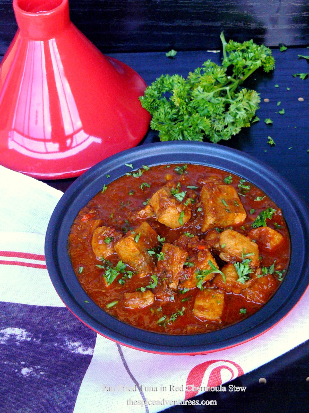 Pan Fried Tuna in Red Chermoula Stew - an Indo-Moroccan fusion dish - thespiceadventuress.com