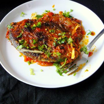 Indian fish curry served on white plate