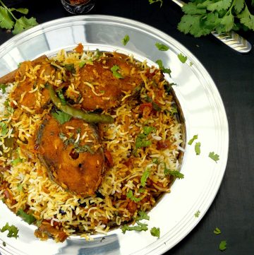 Fish biryani served on silver plate