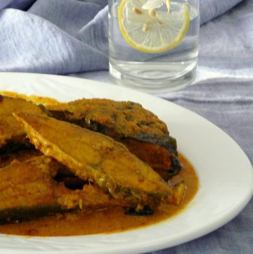 Indian style fish curry in white plate