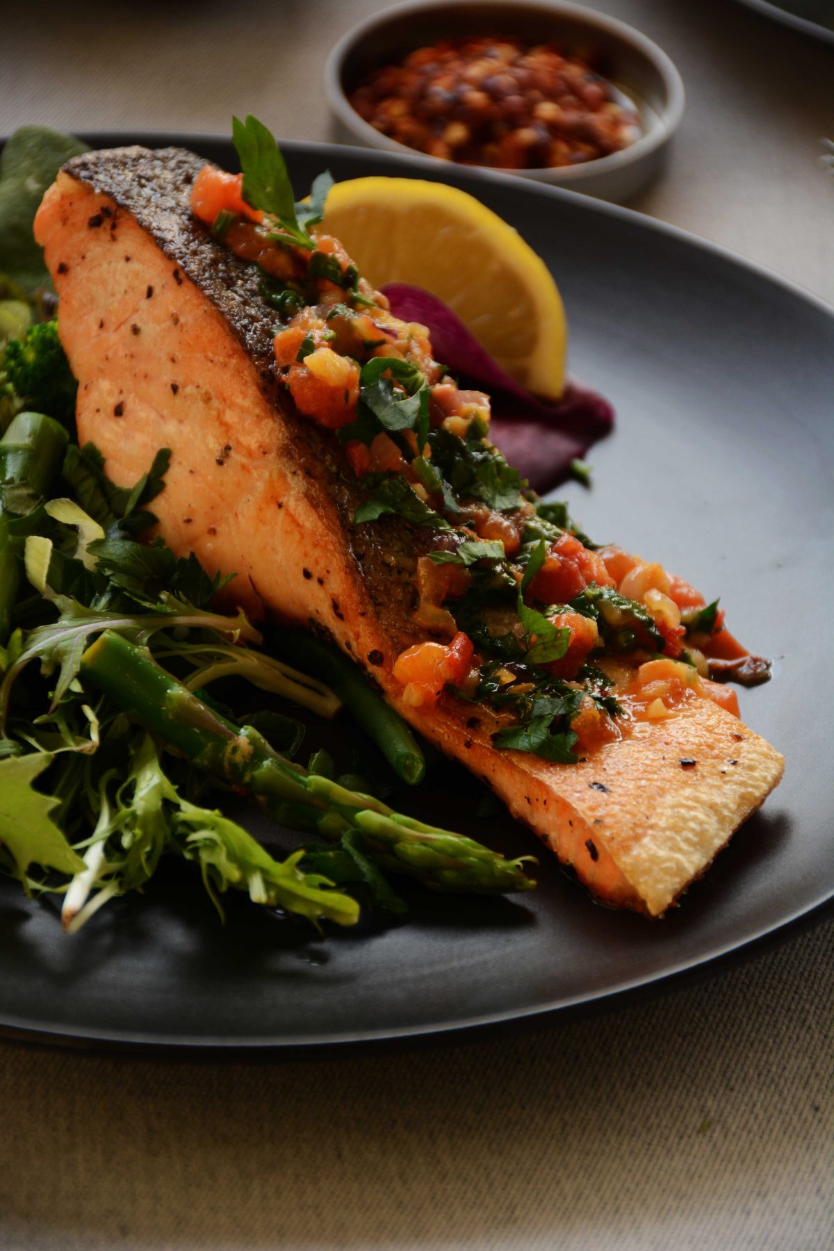 Pan Fried Salmon (with Spicy Green Salad and Tomato Butter Sauce) - a healthy and delicious weekday dinner - thespiceadventuress.com