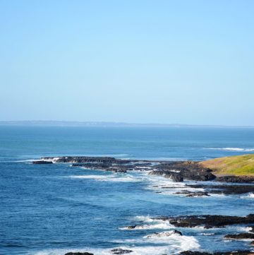 Blue sea, rocky patches and green grass