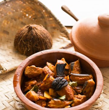 Kerala style stingray curry in earthenware pot