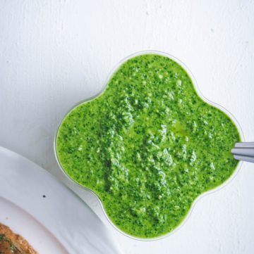 Rocket almond pesto in bowl