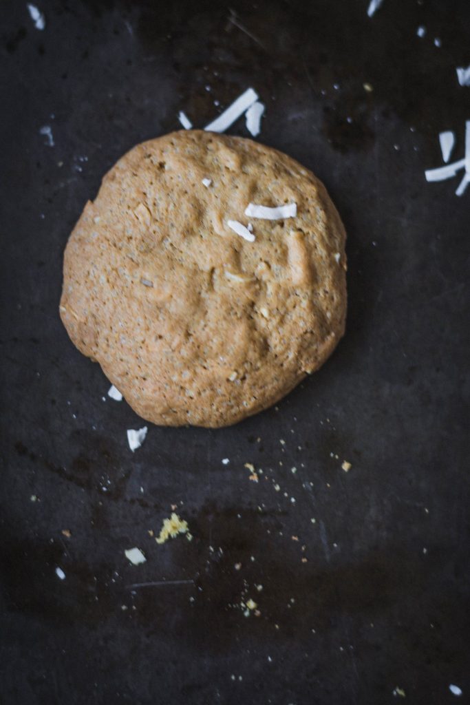 one coconut cookie on black backdrop