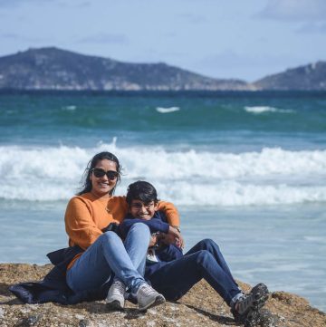 mother and son on beach