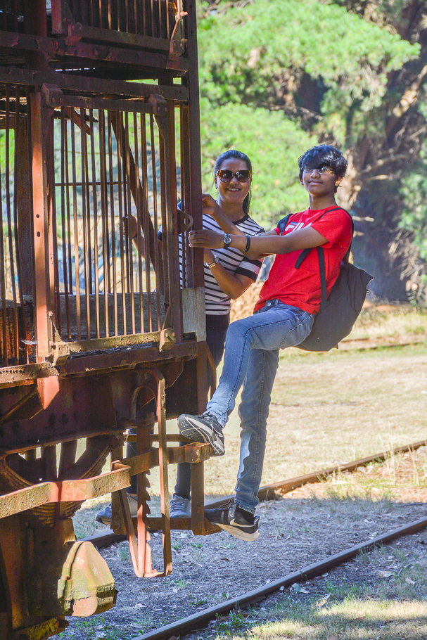 Woman and son standing on railway carriage